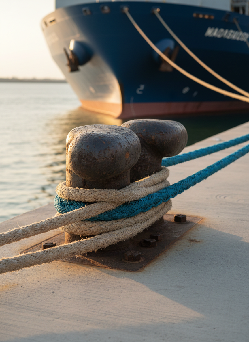 A close, detailed view of heavy-duty mooring equipment on a deep-sea terminal: a massive bollard of dark, weathered steel bolted into a clean concrete quay, wrapped with thick, well-maintained marine ropes in pale beige and deep blue, their braided textures sharply defined. In the background, slightly out of focus, the hull of a large cargo vessel in rich navy blue rises vertically from calm harbor water, with subtle reflections rippling on the surface. Late-afternoon sunlight casts warm highlights on the metal and rope fibers, creating gentle, directional shadows that emphasize texture. Shot at a low, side-on angle with shallow depth of field, the mood is grounded and dependable, conveying safety, stability, and meticulous port-side operations in crisp photographic realism.
